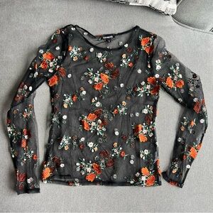 Express Black Sheer Long-Sleeve Top with Floral Embroidery